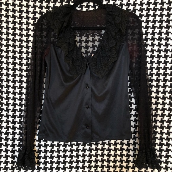 Frederick's of Hollywood Tops - Vintage 80s / 90s Semi-sheer back deep-v lace button down blouse w/ ruffles